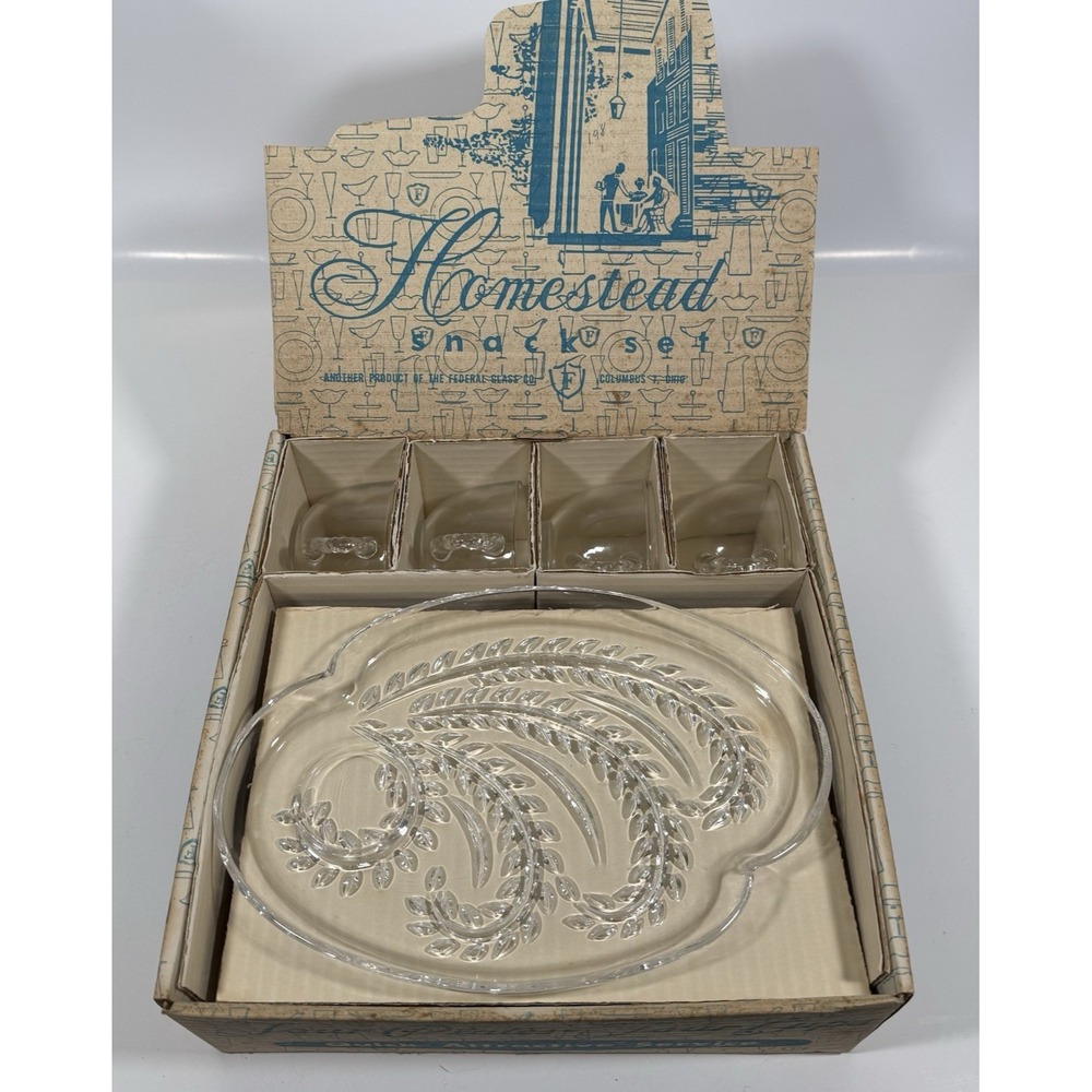 Federal Glass Homestead Snack Set Clear Vintage 8pc Wheat Pattern Box